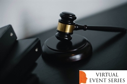 [ai] A wooden gavel with a gold band placed on a black table, alongside three black binders. The bottom right corner includes a logo labeled 'VIRTUAL EVENT SERIES'.
